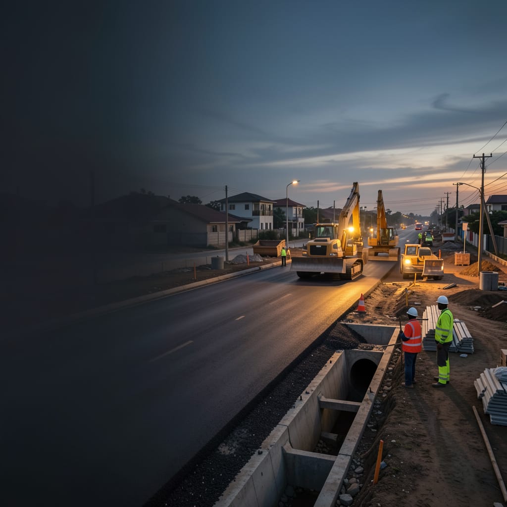Kayvira Limited road construction and drainage works at dusk